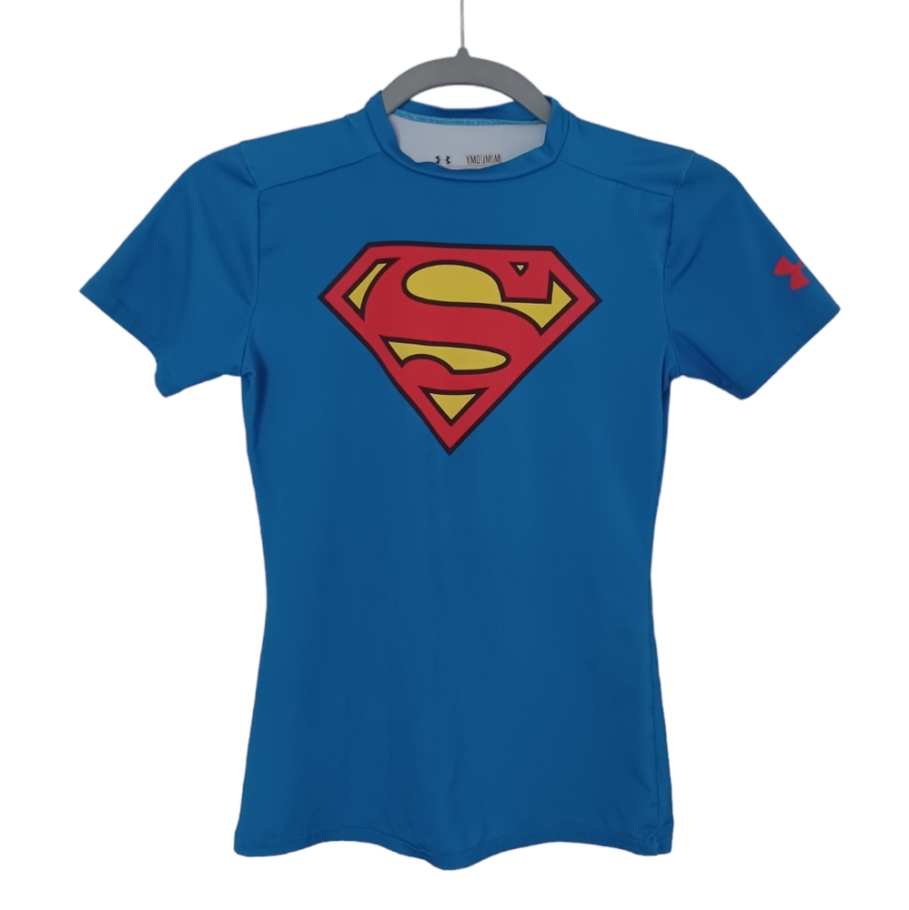 Under Armour Boys Youth M Superman Fitted Heatgear Shirt, DC Comics, Blue